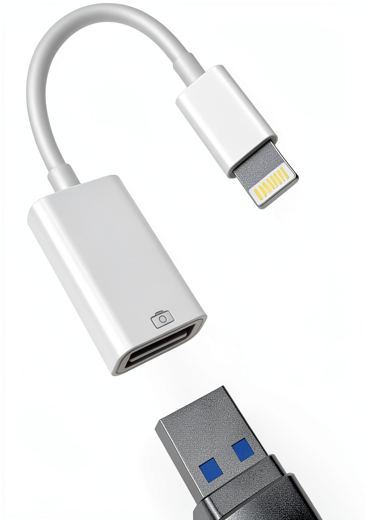 Installing Lightning to USB OTG Adapter for iPhone on a wooden desk